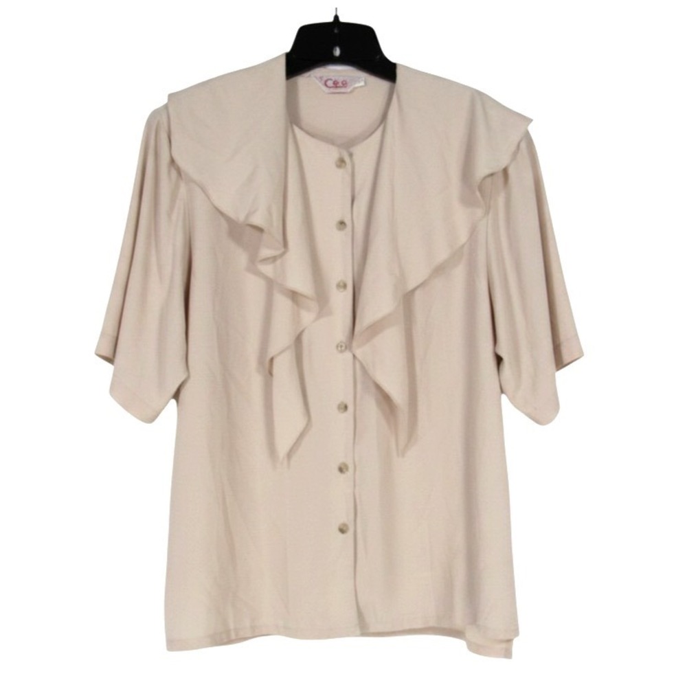 VTG CEO Silky SATIN Beige FLOWY LARGE TIE COLLAR Button-Up BLOUSE/TOP Sz 12